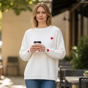 White Red Hearts Embroidered Knit Sweater Women's  XXL Crew Neck Pullover